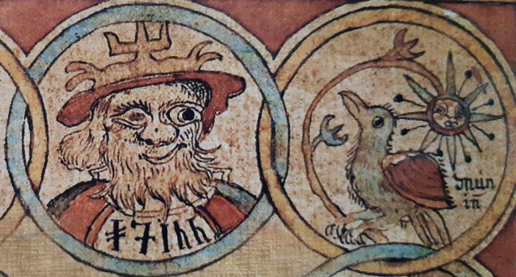 Odin, zeul suprem al Panteonului scandinav, și corbul său, Munin 